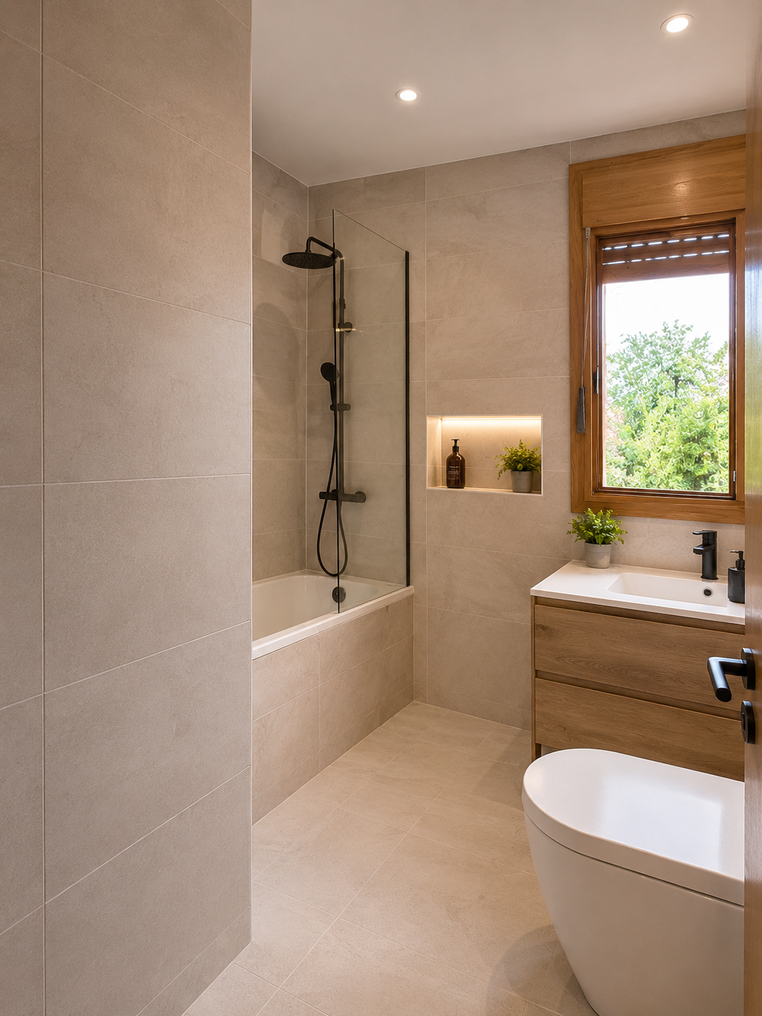 Baño moderno terminado tras una reforma integral de vivienda en Las Rozas de Madrid